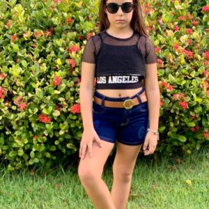 Shorts Azul Cinto Couro